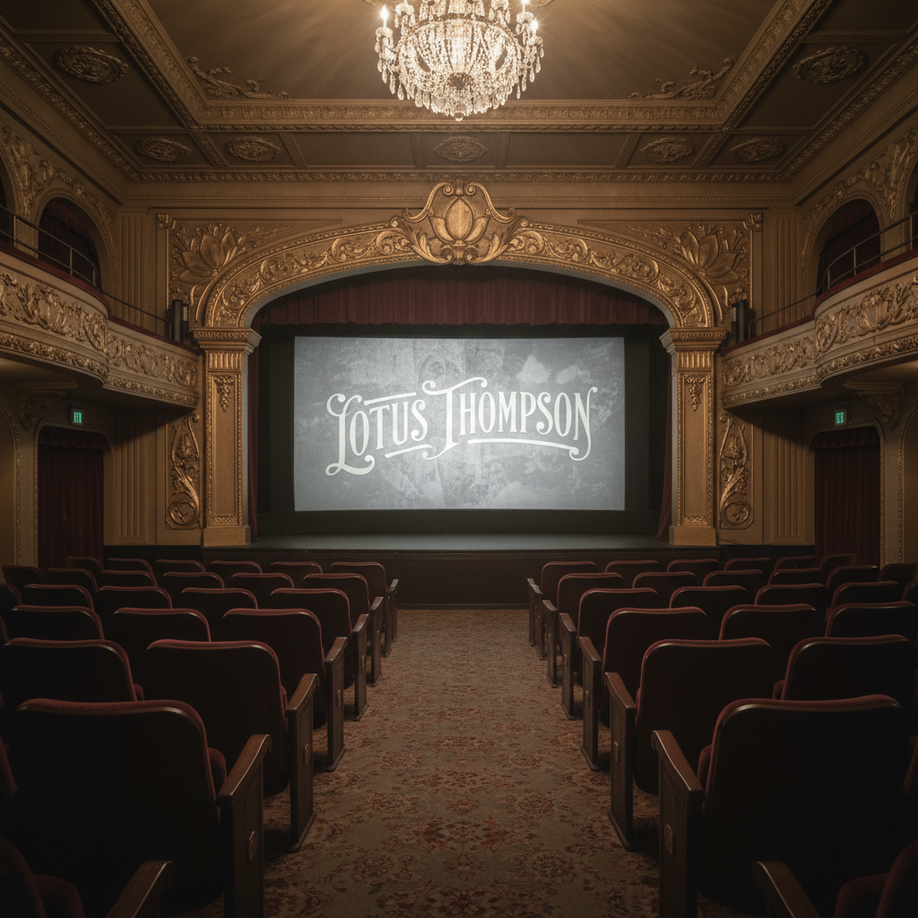 A dimly lit silent-era cinema interior rendered in photographic realism, focused entirely on architectural details rather than patrons. Plush, deep red velvet seats recede in elegant rows toward an ornate proscenium arch framed with gilded flourishes and stylized lotus motifs. The large screen glows softly with a monochrome title card reading “LOTUS THOMPSON” in decorative 1920s lettering, against a subtly grainy background. Overhead, a crystal chandelier is partially illuminated, sending delicate reflections across the ceiling. The scene is captured from the back of the theater with a slightly elevated angle, keeping the space empty and reverent. The lighting is atmospheric and nostalgic, creating a hushed, sophisticated mood of rediscovery.