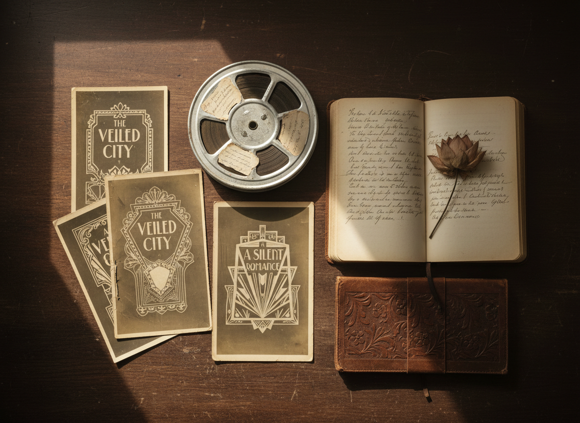 A meticulously arranged flat lay of 1920s silent film memorabilia on a dark, slightly scuffed wooden table, captured in photographic realism. At the center rests a vintage metal film reel with worn paper labels, beside a stack of sepia-toned production stills featuring ornate Art Deco title cards, never any faces. A leather-bound notebook lies open, filled with elegant, looping handwriting and a pressed lotus flower. Soft, diffused afternoon light falls from the left, creating gentle shadows and a contemplative mood. Shot from a bird’s-eye view with sharp focus across the frame, the composition feels sophisticated and archival, evoking careful research into a forgotten Hollywood story.