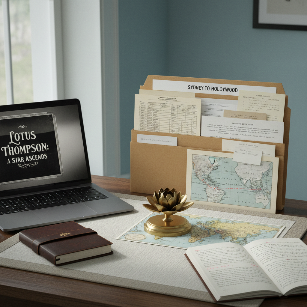 A refined writing desk vignette in photographic realism, dedicated to Lotus Thompson research. On a pale linen blotter lies an open archival folder labeled “Sydney to Hollywood,” filled with carefully organized facsimiles of ship manifests, studio contracts, and telegrams, none displaying personal portraits. A small map of the Pacific route is pinned beneath a brass paperweight shaped like a lotus flower. To one side, a laptop screen shows a monochrome intertitle frame from a silent film, while a leather-bound journal sits open with neatly written notes. Soft, cool daylight from a nearby window washes the scene, creating gentle, intellectual calm. Shot from a slightly elevated angle with balanced composition, the mood is sophisticated, methodical, and deeply archival.