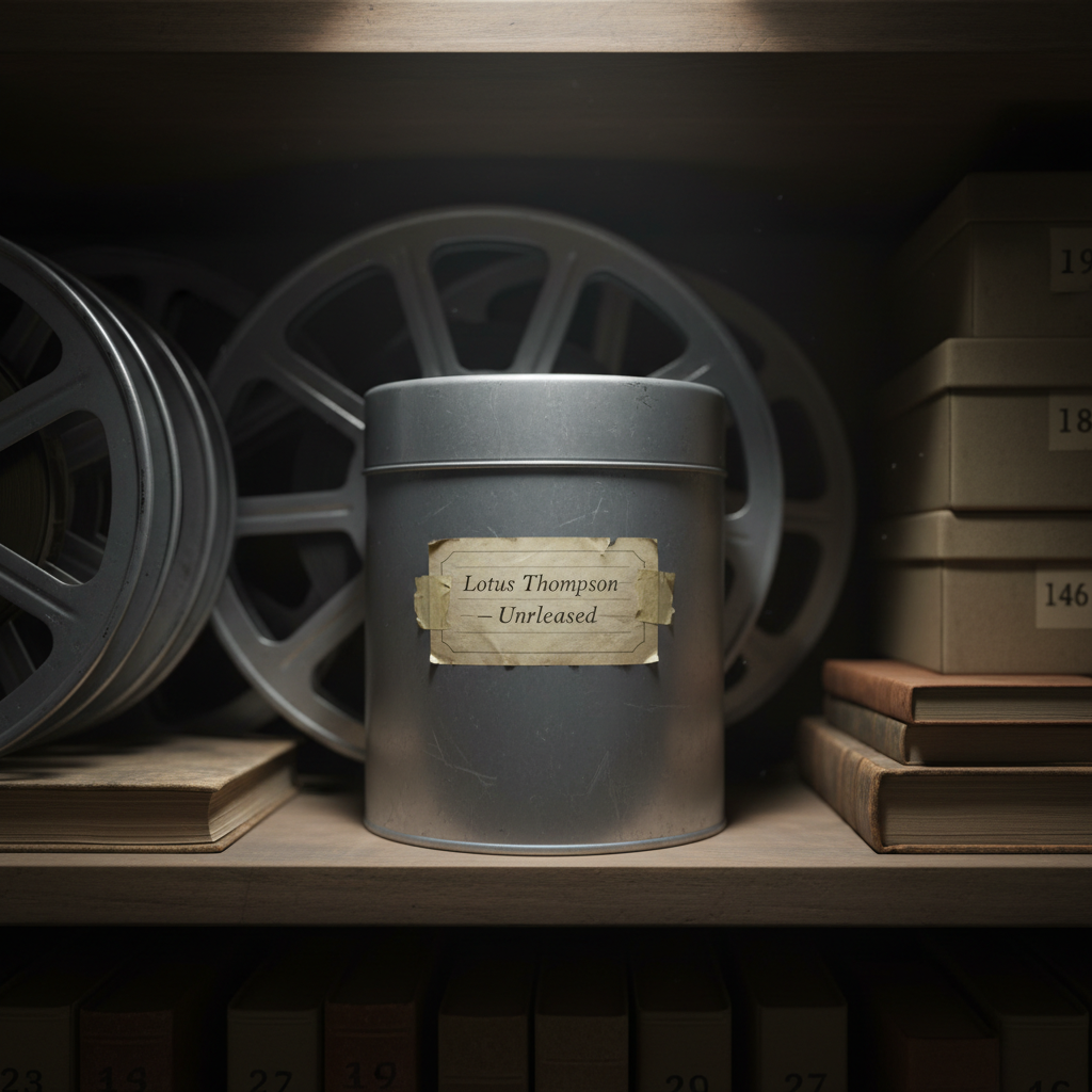 A close-up, photographic realism shot of a meticulously preserved silent film canister labeled “Lotus Thompson – Unreleased” resting inside a shadowy archival vault shelf. The canister is brushed metal with faint scratches, its old paper label browned at the edges and secured with brittle, yellowing tape. Surrounding it are other unmarked reels, fading ledger books, and numbered storage boxes, all arranged in tight, orderly rows that vanish into darkness. Cool, focused overhead archival lighting creates strong contrasts, picking out textures on metal and paper while leaving the background in soft blur. Composed at eye level with a shallow depth of field, the mood is secretive, reverent, and investigative, suggesting a long-hidden story about to be brought back to light.