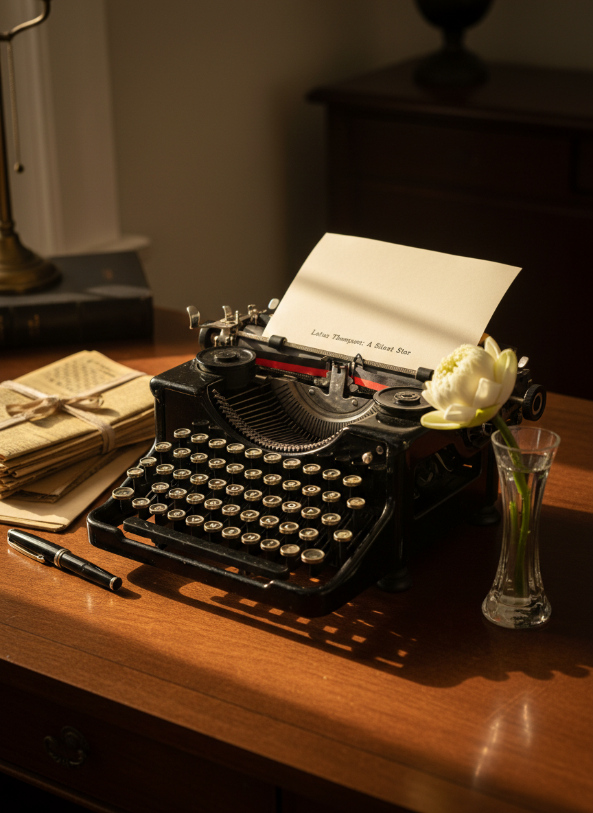 An antique black enamel typewriter with round glass-topped keys sits on a refined, dark oak desk, evoking 1920s Hollywood offices, in richly detailed photographic realism. A half-typed page titled
Lotus Thompson: A Silent Star
is rolled into the carriage, edges slightly curled. Around it, there are neatly stacked yellowing clippings, a fountain pen, and a single white lotus blossom in a slim crystal vase. Warm golden hour light pours through an unseen window, casting long, elegant shadows and subtle reflections on the typewriter’s metal parts. Framed at a three-quarter angle with shallow depth of field, the mood is sophisticated, intimate, and scholarly, suggesting a biographer carefully reconstructing a lost life.